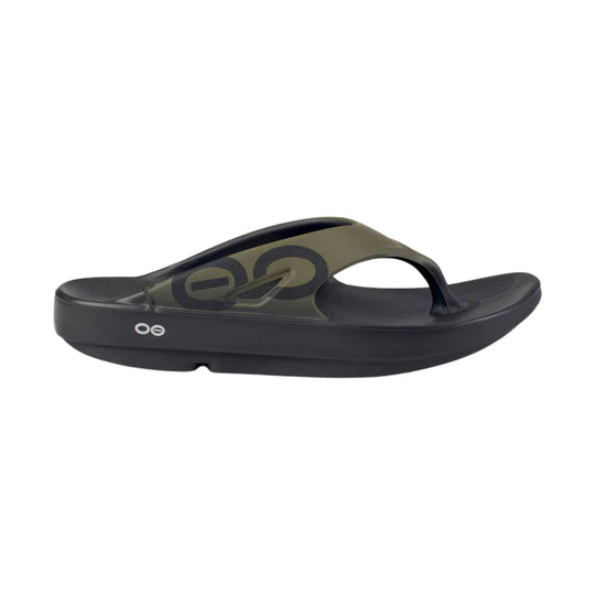 Black and olive thong sandal with a thick cushioned sole and side logo