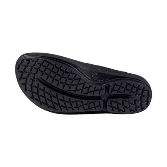 Black sandal outsole with textured tread and molded grooves