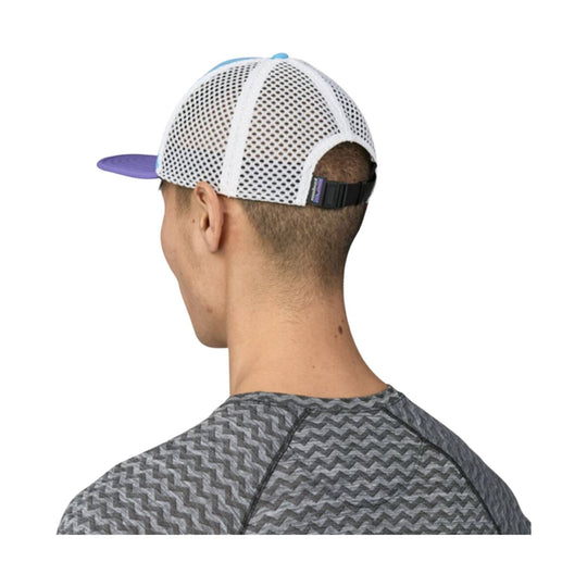 Mesh-back trucker hat with a purple brim, white crown, and adjustable black strap, shown from the back