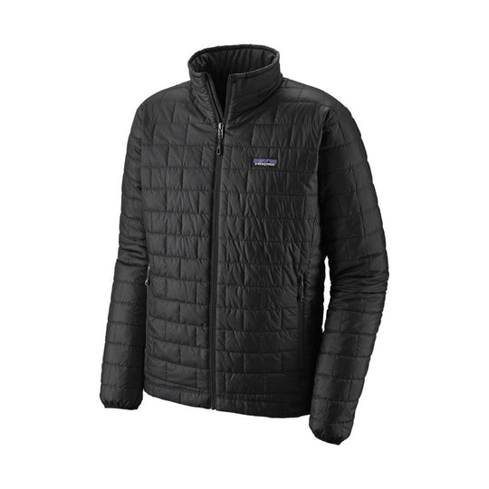 Black quilted zip-front puffer jacket with stand collar and chest logo