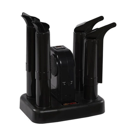 Black electric shoe dryer with four tall drying tubes and a central control unit