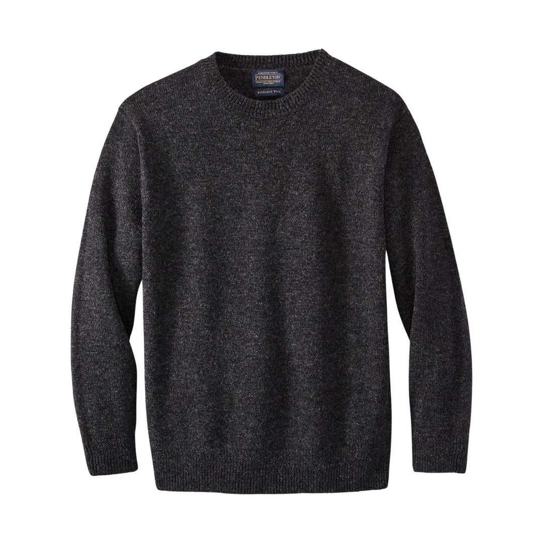 Dark heathered crewneck wool sweater with long sleeves