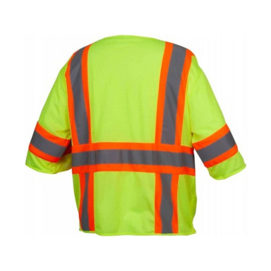 Lime high-visibility mesh safety vest with orange and gray reflective stripes, back view
