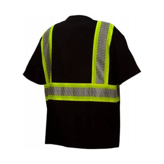 Black short-sleeve safety T-shirt with neon yellow reflective stripes on the shoulders and back