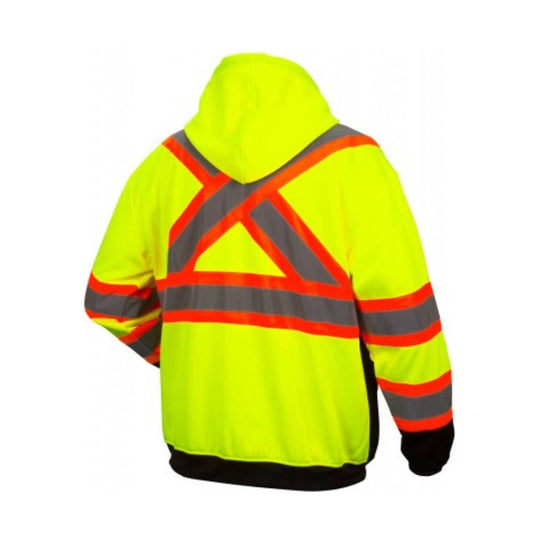 Lime hi-vis hooded sweatshirt with reflective orange and gray X stripes on the back