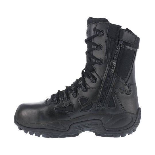 Black tall work boot with side zipper, lace-up front, and rugged treaded sole