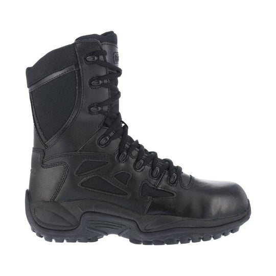 Black tall lace-up work boot with rugged tread sole and padded ankle collar