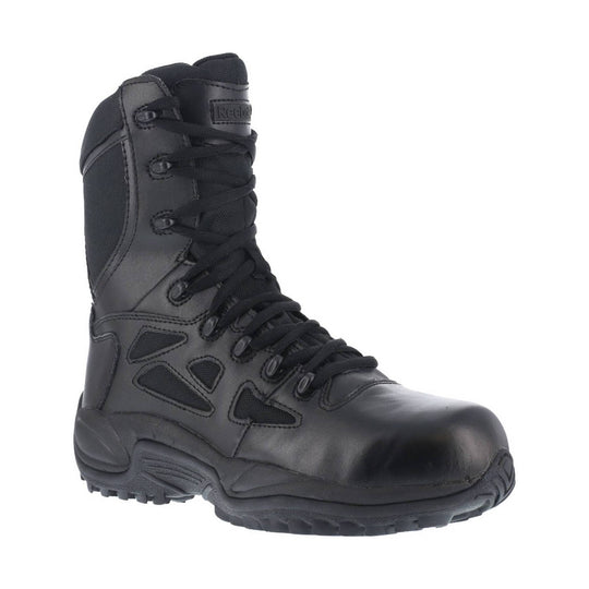Black tall lace-up work boot with side cutouts and rugged tread
