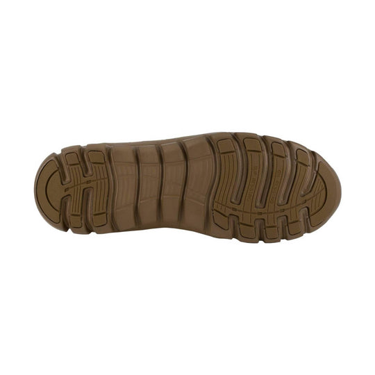 Brown boot outsole with deep tread and slip- and oil-resisting markings
