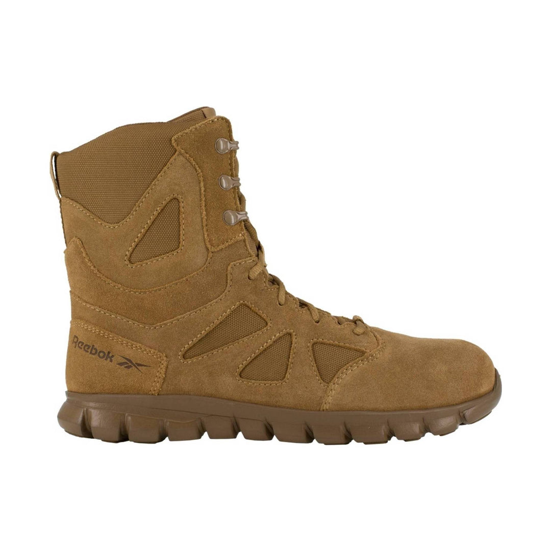 Tan tactical lace-up boot with suede panels, mesh side cutouts, and thick lug sole