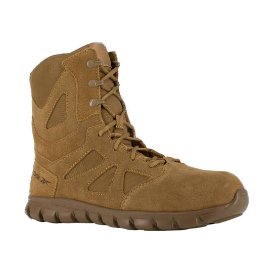 Tan suede tactical boot with side mesh panels and lace-up front