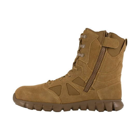 Tan tactical work boot with suede panels, side zipper, and lug sole
