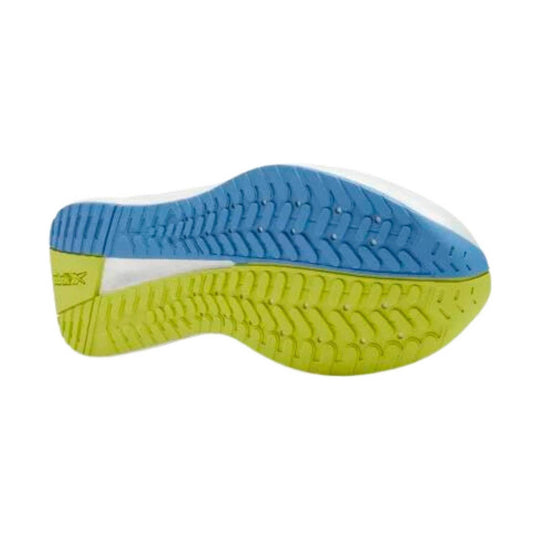 Blue and neon yellow shoe outsole with textured tread pattern