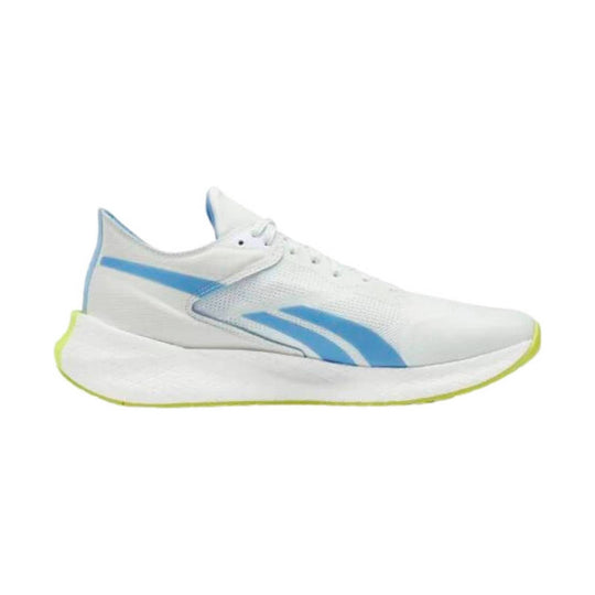White low-top running shoe with blue side stripes and a lime green outsole