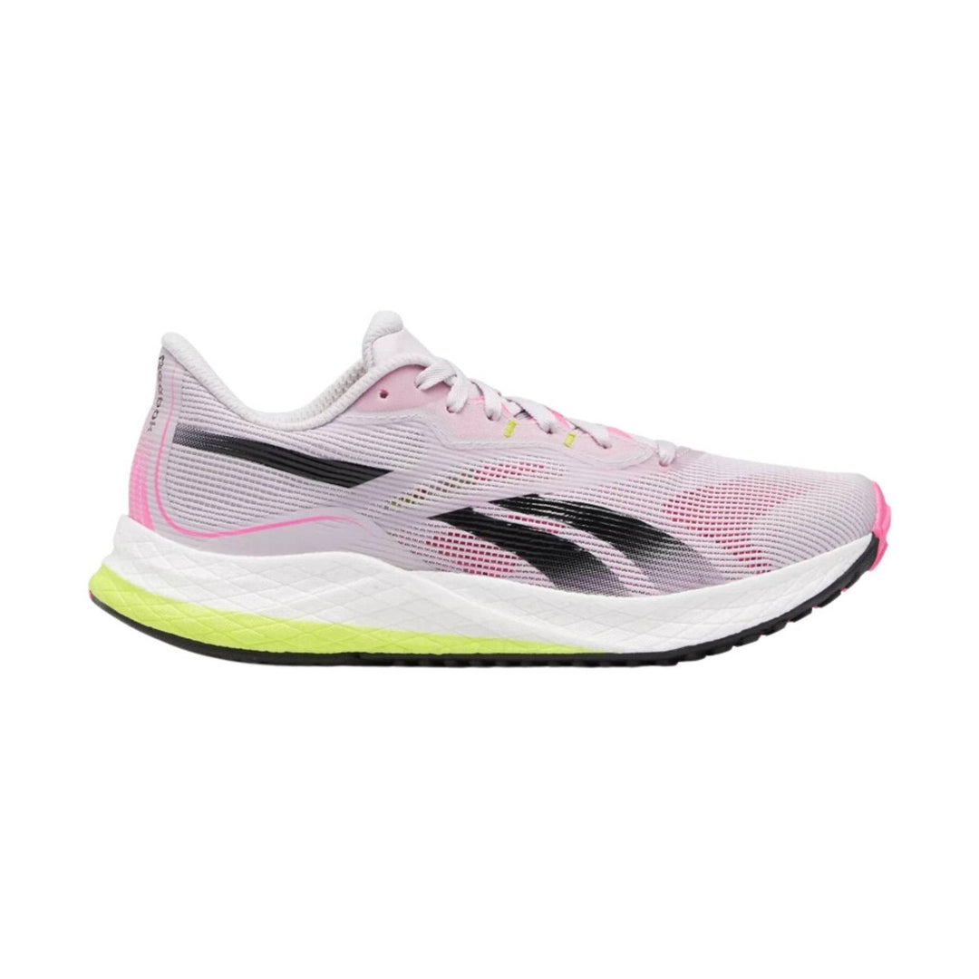 Light pink and white running shoe with black side stripes, white laces, and a neon yellow heel midsole