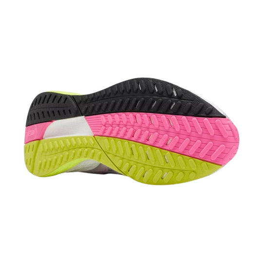 Running shoe outsole with black, pink, and neon yellow tread