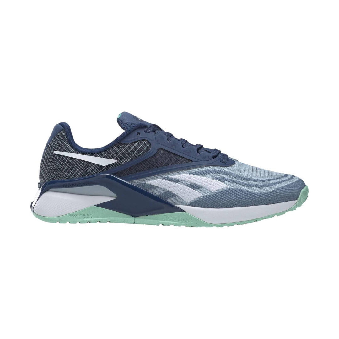 Blue and gray running shoe with a knit upper, side logo, and mint green sole
