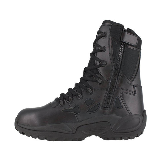 Black lace-up tactical boot with side zipper and rugged tread sole