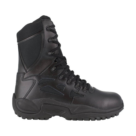 Black lace-up work boot with a tall shaft, reinforced toe, and rugged treaded sole