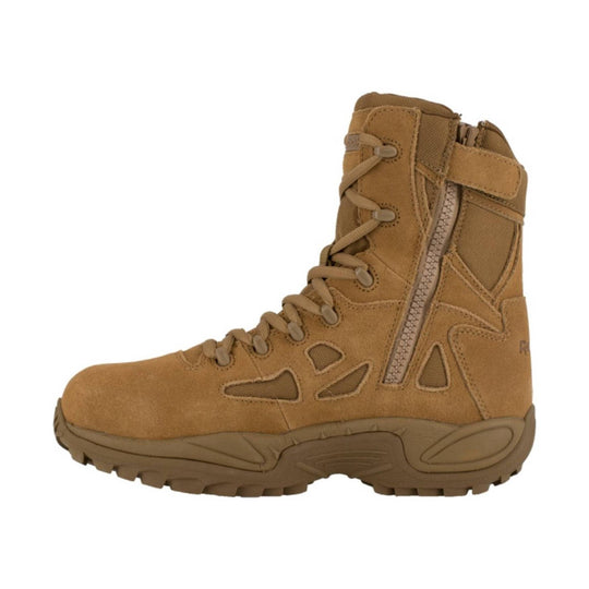 Tan mid-calf work boot with side zipper, lace-up front, and lug sole