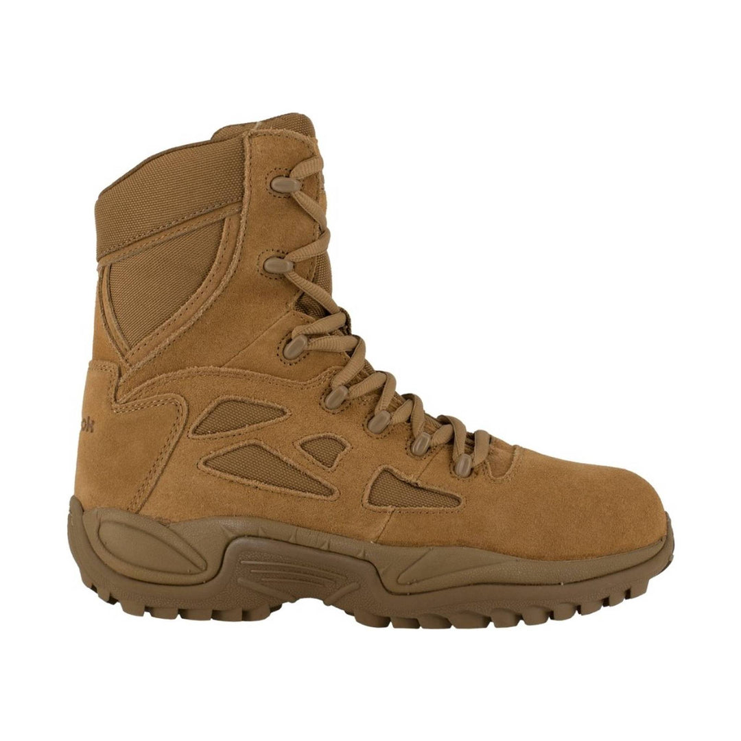 Tan lace-up work boot with a padded shaft, suede panels, and lugged sole