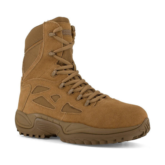 Tan lace-up tactical work boot with suede panels, mesh side cutouts, and thick lug sole