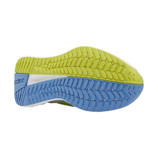 Blue and lime green running shoe outsole with textured tread