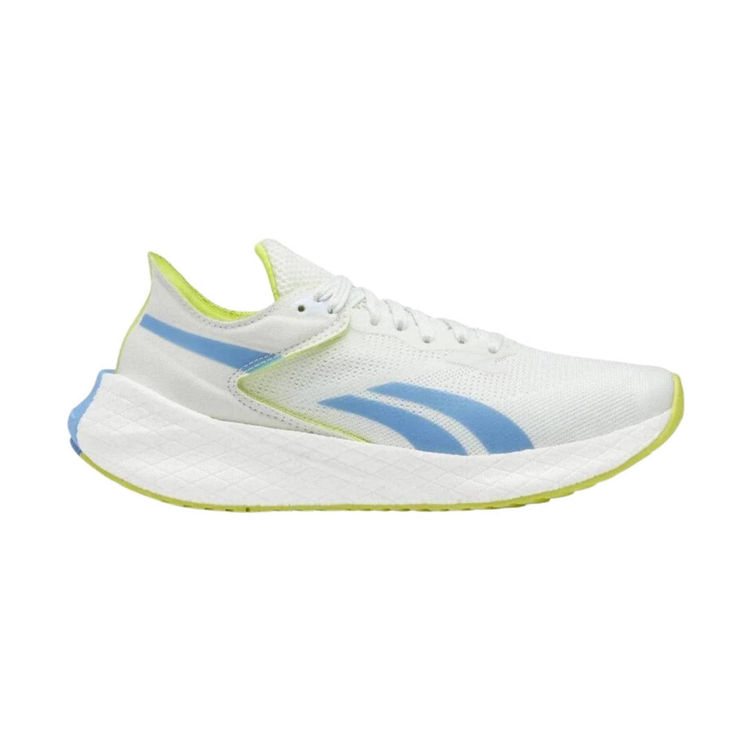 White running shoe with blue side stripes, lime trim, and a thick white foam sole