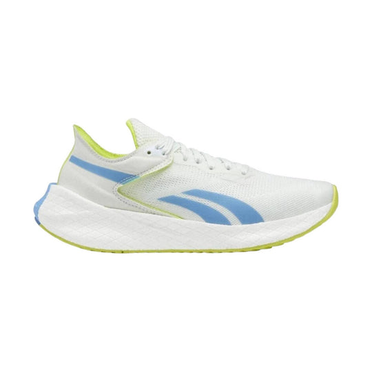 White running shoe with blue side stripes, lime trim, and a thick white foam sole
