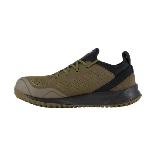Olive and black low-top work shoe with mesh panels, bungee-style laces, and a rugged tread sole