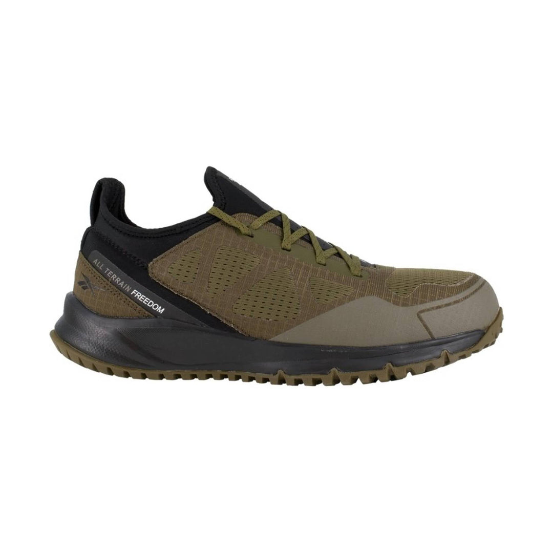 Olive and black low-top work shoe with lugged sole and side text