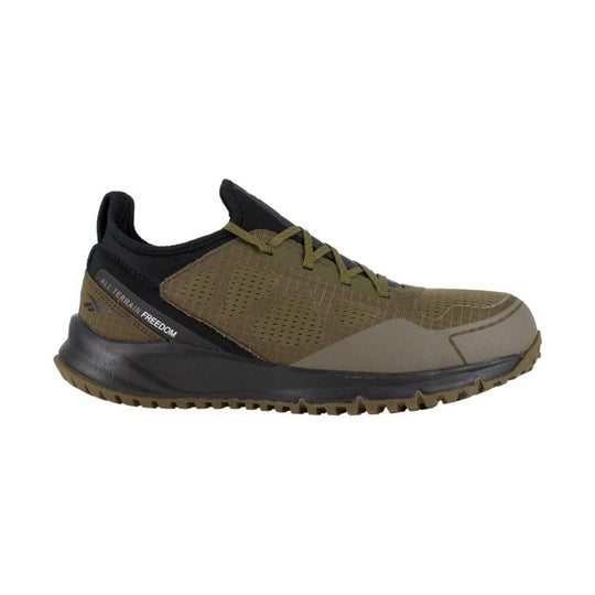 Olive and black low-top work shoe with lugged sole and side text