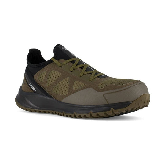 Olive and black low-top work shoe with mesh upper, bungee laces, and rugged lug sole.
