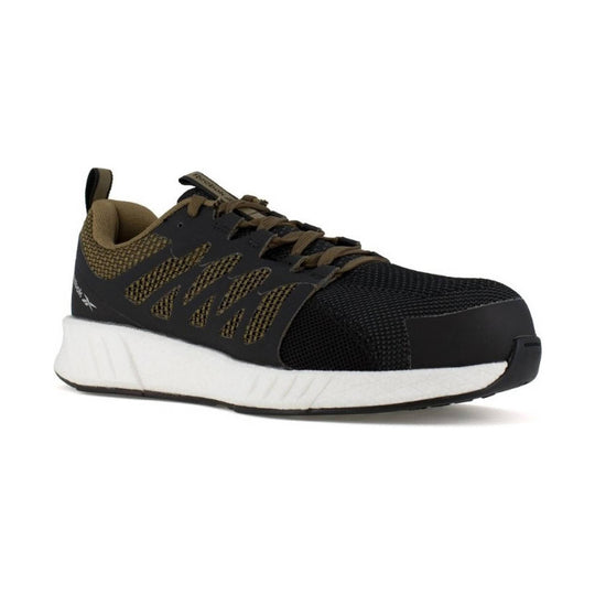 Black and brown athletic work shoe with mesh upper, white thick sole, and lace-up closure
