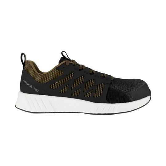 Black and brown athletic shoe with white sole and side cutouts, shown in profile