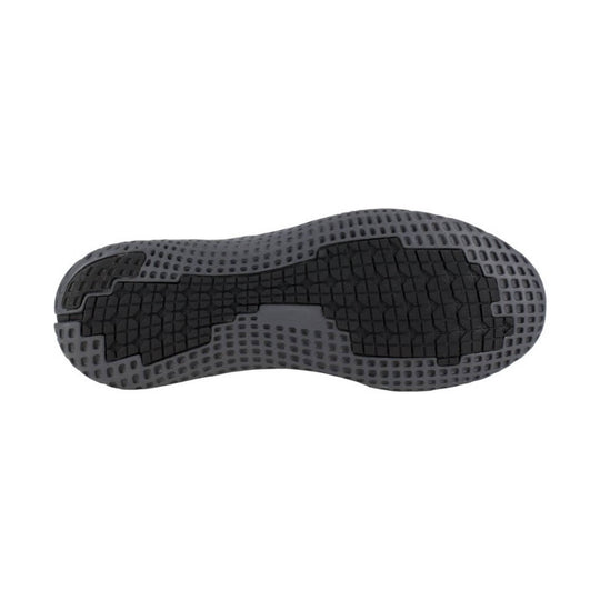 Black and gray shoe outsole with textured traction pattern