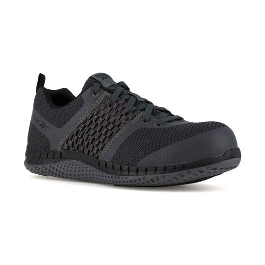Dark gray athletic work shoe with knit upper, laces, and composite toe
