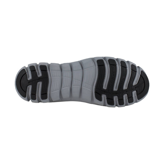 Gray and black slip-resistant work shoe outsole with deep tread