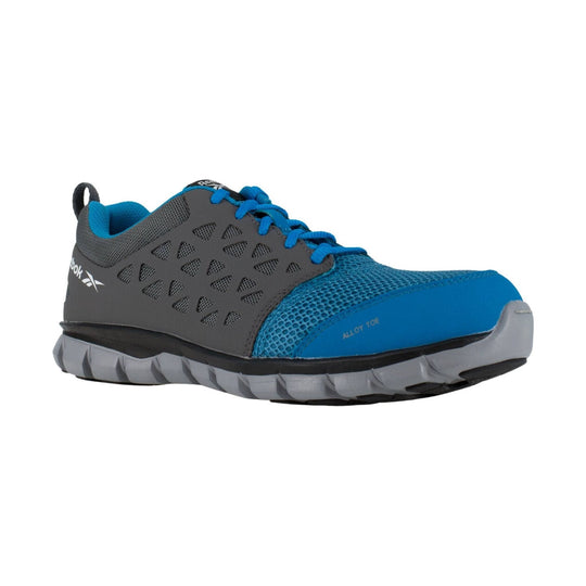 Blue and gray work shoe with mesh panels, laces, and a thick treaded sole