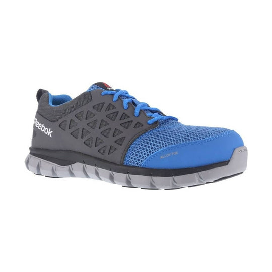 Blue and gray low-top work shoe with mesh upper, black side overlays, and bright blue laces
