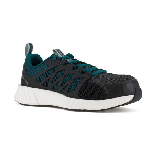 Black and teal athletic work shoe with mesh panels, teal laces, and a white cushioned sole
