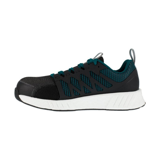 Black and teal athletic work shoe with white sole, side cutouts, and pull tabs