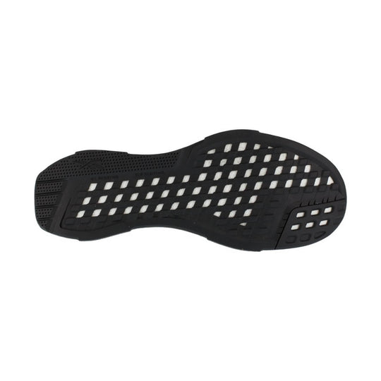 Black shoe outsole with grid tread, perforated heel and toe sections, and visible slip-resistant markings