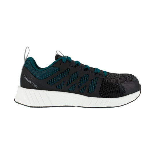 Black and teal athletic work shoe with white sole, mesh upper, and side cutouts