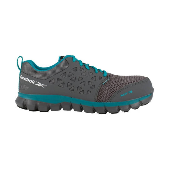 Gray and teal athletic work shoe with mesh upper, side cutouts, and alloy toe marking