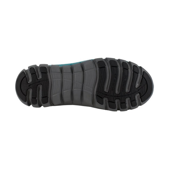 Black and gray athletic shoe outsole with deep traction grooves and slip-resisting markings