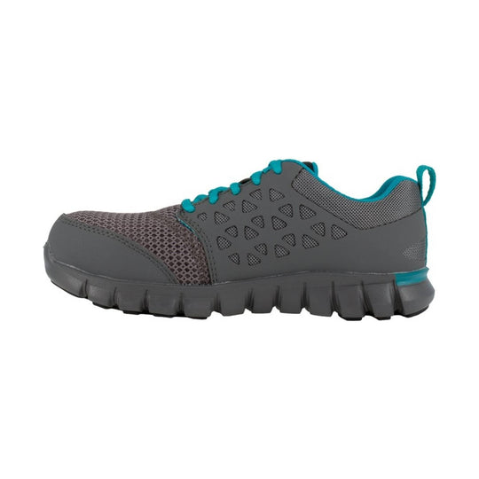 Gray athletic work shoe with turquoise laces, trim, and side cutout details