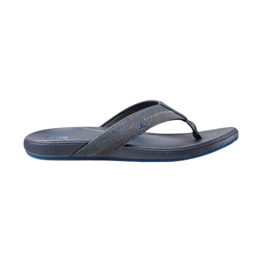 Gray thong sandal with textured footbed and blue sole accents
