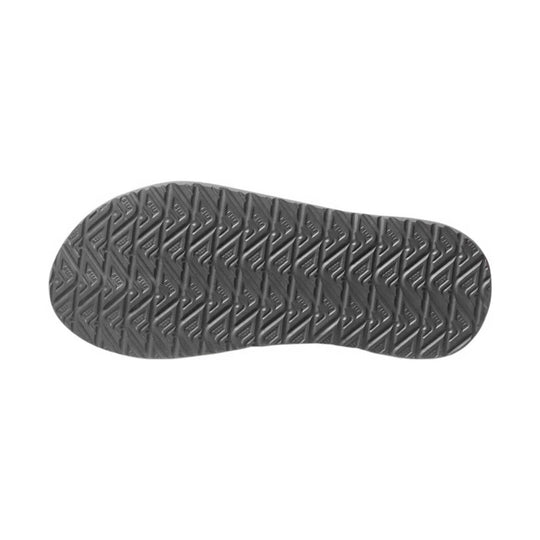 Gray rubber sandal sole with chevron tread pattern, shown from below