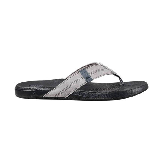 Grey thong flip-flop with a black cushioned sole and stitched strap